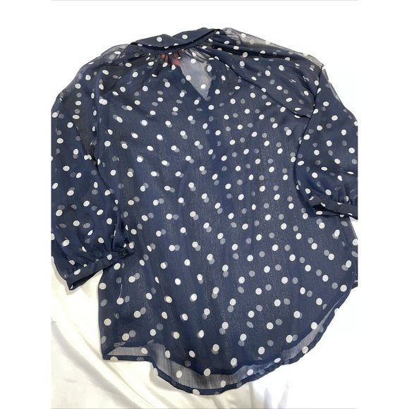 JOE FRESH Women's Sheer Navy Polka dot Small Half Button Down Collar 3/4 Sleeves - Picture 5 of 6